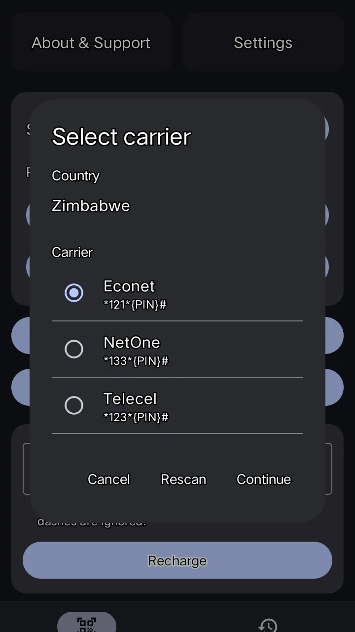 Carrier selection for Zimbabwe listing Econet, NetOne and Telecel with their recharge code formats.