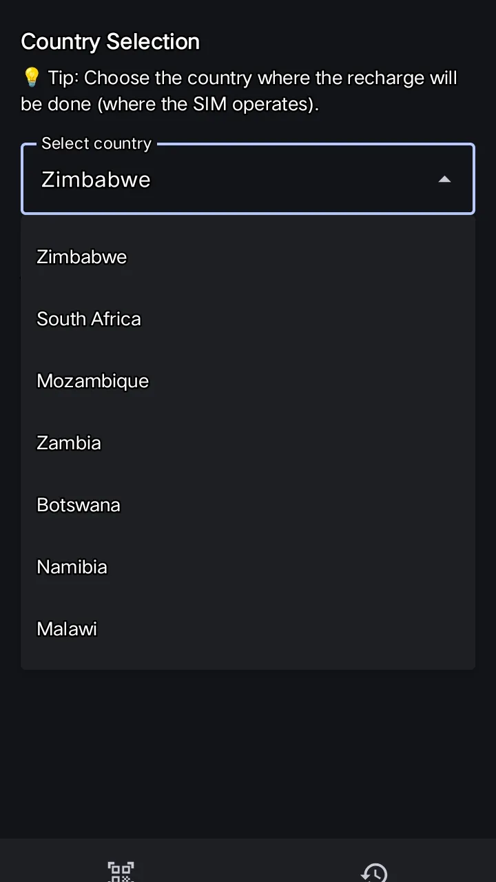 Country selection list in ScanTopUp settings.