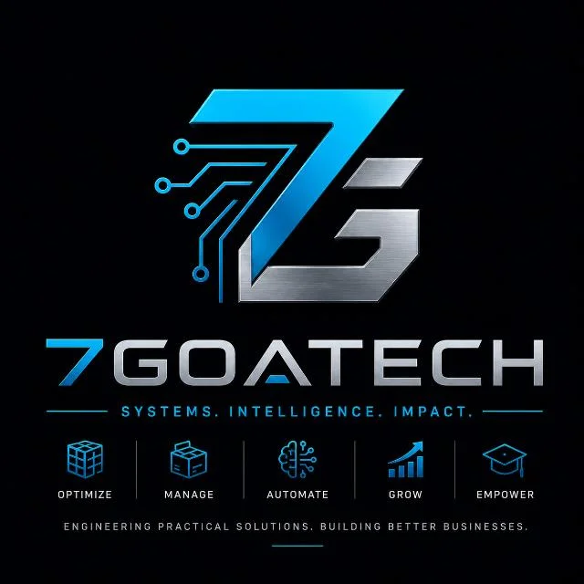 The 7GoaTech logo: a blue and steel 7G monogram with circuit traces, the words Systems. Intelligence. Impact., and the five pillars Optimize, Manage, Automate, Grow and Empower.
